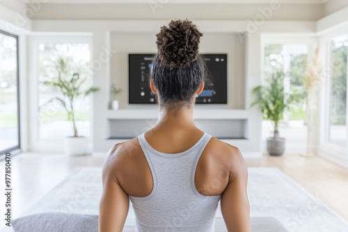 A woman with a curly bun watches television in a spacious, sunlit living room with modern decor and large windows