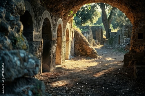 Wander through the remnants of Cerveteri, where ancient Etruscan architecture meets nature. Sunlight filters through arches, casting enchanting shadows on the path