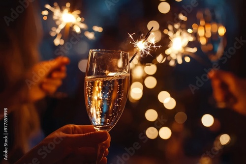 Celebrating new year s eve with friends sparklers and champagne amidst blurred holiday lights