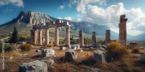 Journey through time at the ancient city of Corinth, where towering columns stand witnessing centuries of history against a backdrop of majestic mountains and lush greenery