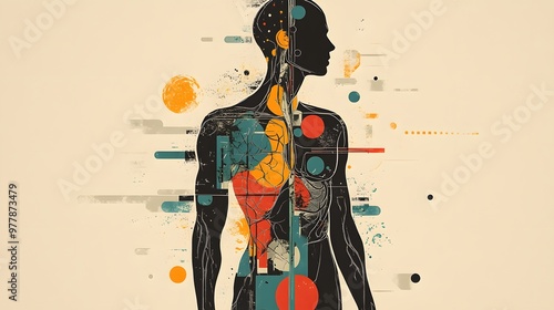 Abstract anatomy with geometric shapes and vibrant accents illustrating human physiology