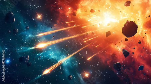 A space battle with a lot of shooting stars. Space Battle. Illustration