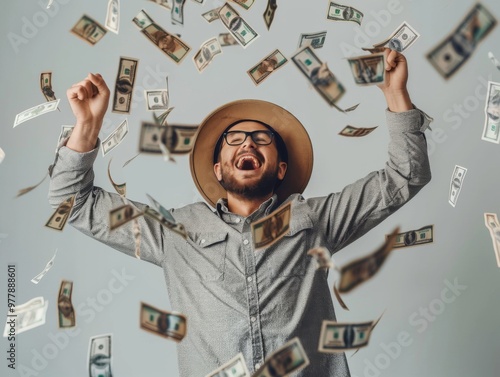 A jubilant man wearing a hat and glasses celebrates as money rains down, symbolizing unexpected financial gain and happiness.