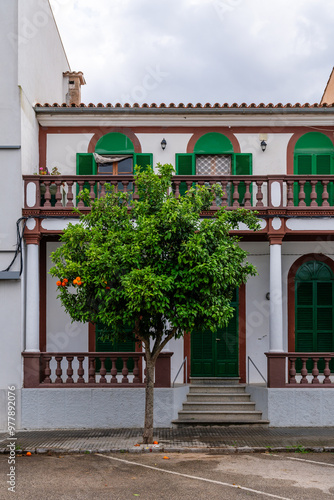 Orangenbaum am Gehweg vor einem spanischen Haus mit grünen Fensterläden und Hölzer Balustrade in Artà In Mallorca Spanien