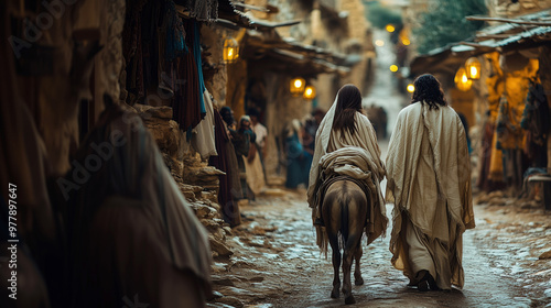 Joseph and pregnant Mary arriving at the gates of Bethlehem, under a darkening sky