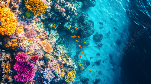 A vibrant coral reef seen from above with colorful fish swimming in crystal-clear tropical waters.