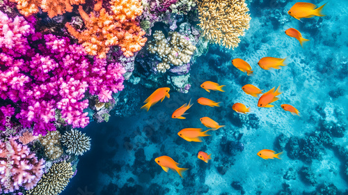 A vibrant coral reef seen from above with colorful fish swimming in crystal-clear tropical waters.