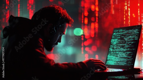 A Hacker Working on a Laptop with Green Code in a Dark Room with Red Lights