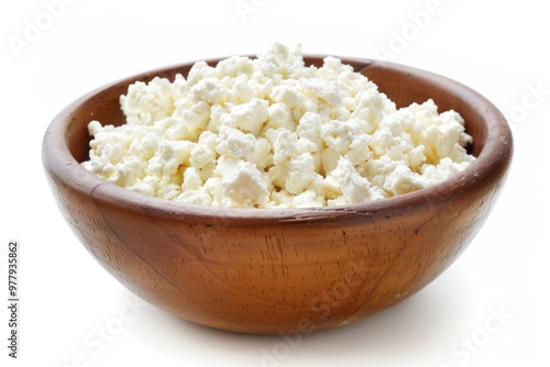 A wooden bowl filled with creamy cottage cheese on a white surface, perfect for snacking or serving as part of a healthy breakfast