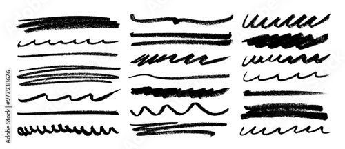 Crayon drawn underline stroke set. Straight and wavy rough lines, doodle stripes. Chalk lines, charcoal highlight strokes doodle set. Scratchy strokes with rough edges. Horizontal emphasis elements.