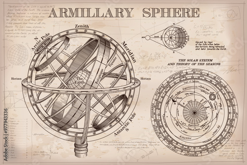 Vintage poster of Armillary sphere. Model of the earth in space. Drawing on old paper.