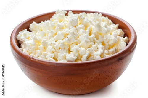 A bowl of creamy cottage cheese on a white background, great for food or health-related uses