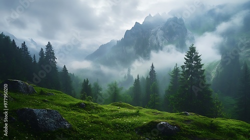 Misty mountain landscape with green meadow, forest, and dramatic peak in the background. Nature, travel, and scenic beauty photography.