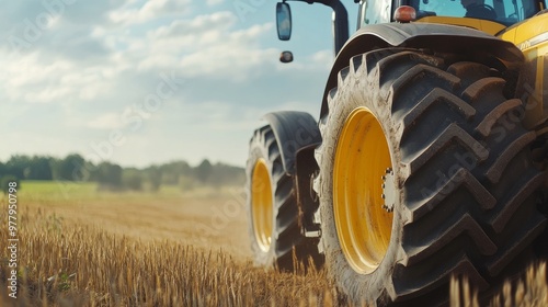 Farm tractor, contemporary agricultural vehicle in the field, contemporary tractor up close