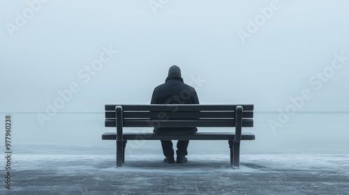 A solitary figure in a hooded jacket sits on a bench by a foggy waterfront, evoking a sense of loneliness and introspection