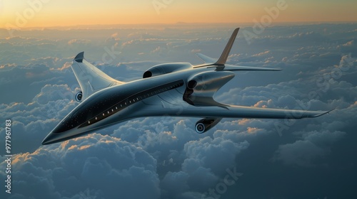 Futuristic airplane flying above the clouds. for science fiction or military aviation backgrounds