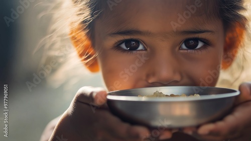 Young girl is holding a bowl of food, her eyes wide with a mixture of hope and uncertainty. The image evokes themes of poverty, hunger, and the need for compassion