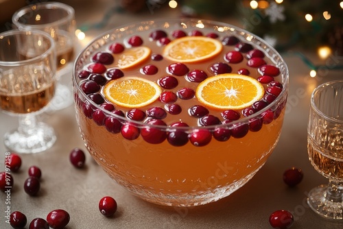 A winter punch bowl with floating cranberries and orange slices, surrounded by festive glasses on a holiday party table with twinkling lights