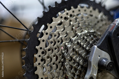 Detail of the bicycle rear derailleur cassette chain, close-up