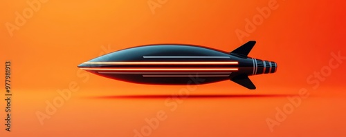 Futuristic black rocket with vibrant stripes, set against an orange background, symbolizing innovation and speed.