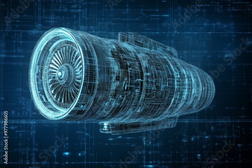 Digital Heart of Power: A futuristic jet engine rendered in blue schematics, symbolizing technological advancement in aviation engineering.