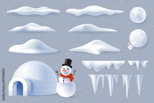 Collection of snowdrifts and icicles of different shapes in realistic style. Winter elements - snowman and icehouse igloo. Vector illustration.