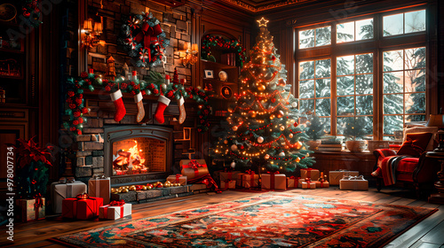 Cozy holiday living room with decorated christmas tree and fireplace