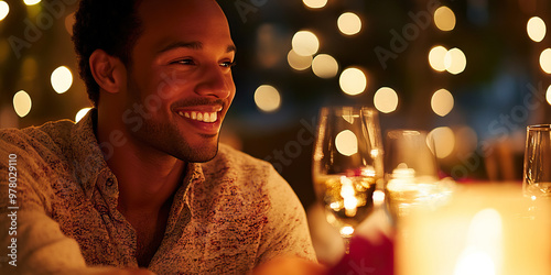 Smitten Sight: A man gazing adoringly at his partner across a candlelit dinner table, wine glasses clinking.