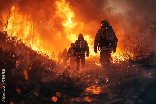 Heroic Firefighters Battling Raging Wildfire in Scorched Woodland