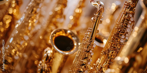 Jazzy Sway of Reeds: A group of soprano, alto, tenor, and baritone saxophones.