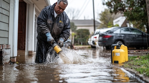 A man pumps water out of a flooded street. This photo illustrates the consequences of heavy rain and the importance of drainage systems.