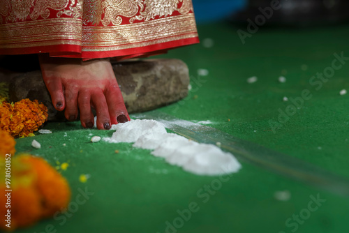 indian wedding bride leg ritual closeup photo, bengali wedding bride leg