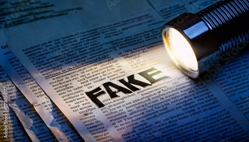 A flashlight illuminates the word 'FAKE' on a newspaper