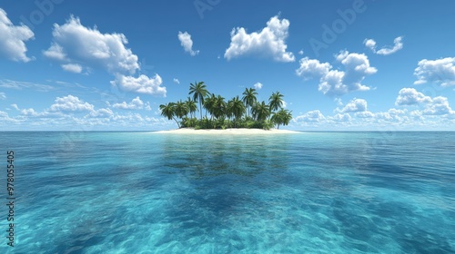 Coral atoll with shallow lagoon, sharks circling, coral reefs visible, clear midday lighting