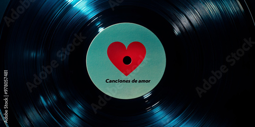 Disco de vinilo con "Canciones de amor". Vista superior corazon en medio de la etiqueta