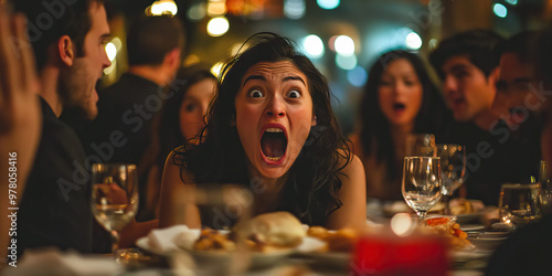 Muted Rage - A group of people sitting at a restaurant table, their faces contorted in frustration, but their voices barely audible above the din of background noise.