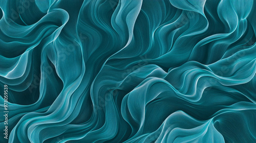 A bright teal abstract organic pattern with freeform shapes resembling aquatic plants. The flowing lines and curvilinear patterns create a fresh, vibrant background.