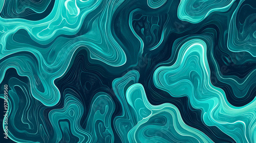 A bright teal abstract organic pattern with freeform shapes resembling aquatic plants. The flowing lines and curvilinear patterns create a fresh, vibrant background.