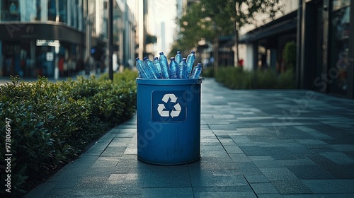 Plastic recycling bin with a blue label, PET bottles inside, near a shopping center, soft natural lighting