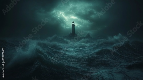 Stormy ocean with dark clouds, large waves crashing, lighthouse barely visible, dramatic stormy lighting