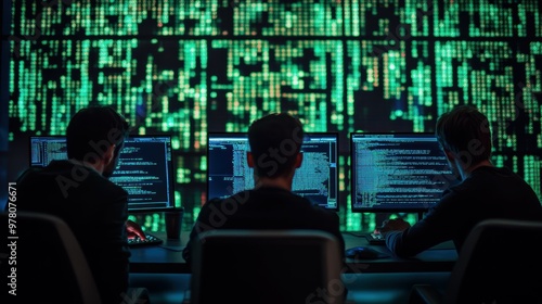 Cyber Security Experts Mitigating Hacking Threat, Digital Screens Displaying Encrypted Code.