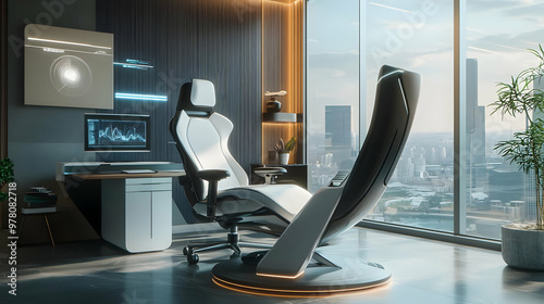 Futuristic Office Interior Design with Rotating Chair and City View 3D Illustration