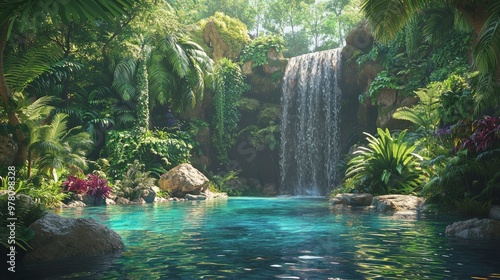 Enchanted Digital Jungle Oasis with Exotic Flora, Animated Fauna, and Serene Waterfall Pool