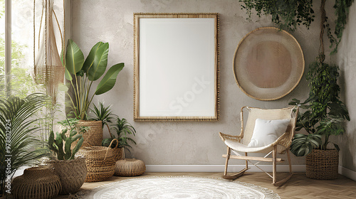 Mockup frame in nomadic boho interior background with rustic decor