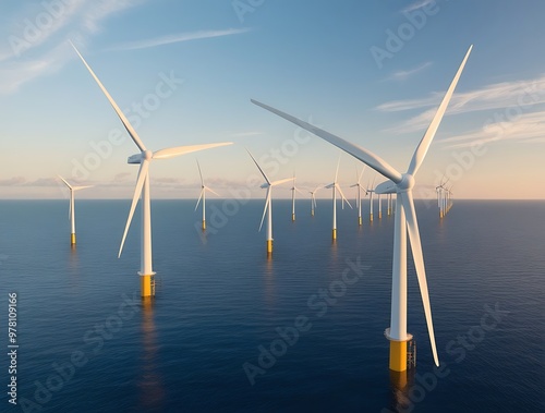 An offshore wind farm stands tall amidst blue waters and under expansive blue skies, with white wind turbines harnessing nature's power. Generative AI (24)