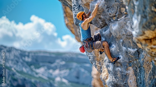 A rock climber climbing the cliff of a mountain. Free climbing