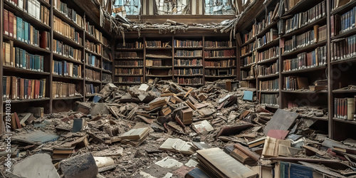 Erased Histories of Annihilation: A destroyed library, its priceless collection of knowledge reduced to rubble, leaving behind only the stories of those who once sought to preserve it.