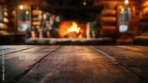 Cozy cabin interior with a warm fireplace and wooden table.