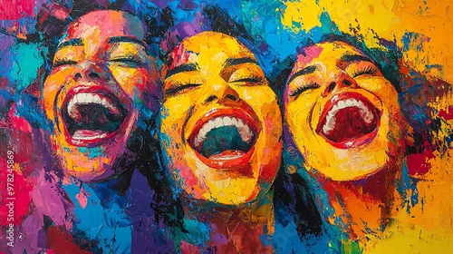 Vibrant abstract painting of a group laughing together, bold colors radiating joy and connection Joyful group, Abstract happiness