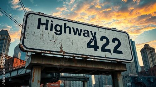 A weathered white sign with bold black letters proclaims "Highway 42" against a gritty cityscape backdrop of worn